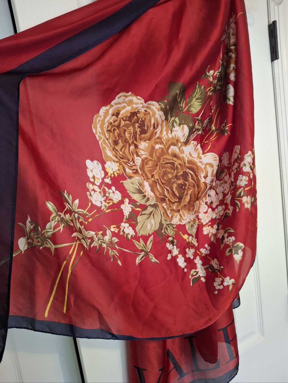 Valentino Floral Silk Scarf with Red Background And Navy Trim